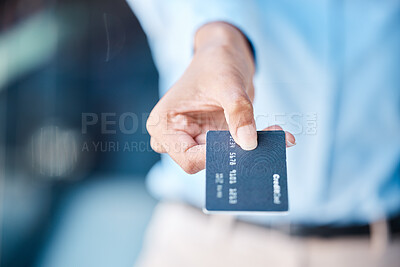 Buy stock photo Credit card, shopping and macro hands of customer doing payment with a blur background. Money charge and transaction for commerce purchase with banking account in exchange for a product.