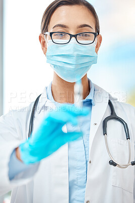 Buy stock photo Covid vaccine, doctor with face mask and healthcare at hospital with nurse, medical injection for virus and help from expert at clinic. Portrait of worker in medicine helping with health at work