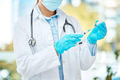 Buy stock photo Covid vaccine, medical doctor with medicine syringe and pharma healthcare worker. Corona virus clinic, hospital safety laboratory and pharmaceutical compliance in treatment for sickness closeup