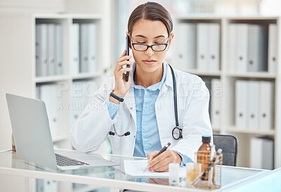 Buy stock photo Doctor planning insurance, phone communication about health and writing strategy for work schedule in office at hospital. Medical nurse in healthcare discussion on call and working at clinic