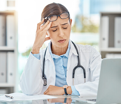 Buy stock photo Headache pain, tired doctor and burnout stress from working in a medical hospital, problem consulting online with laptop and anxiety from healthcare work. Sad nurse thinking of consultation in office