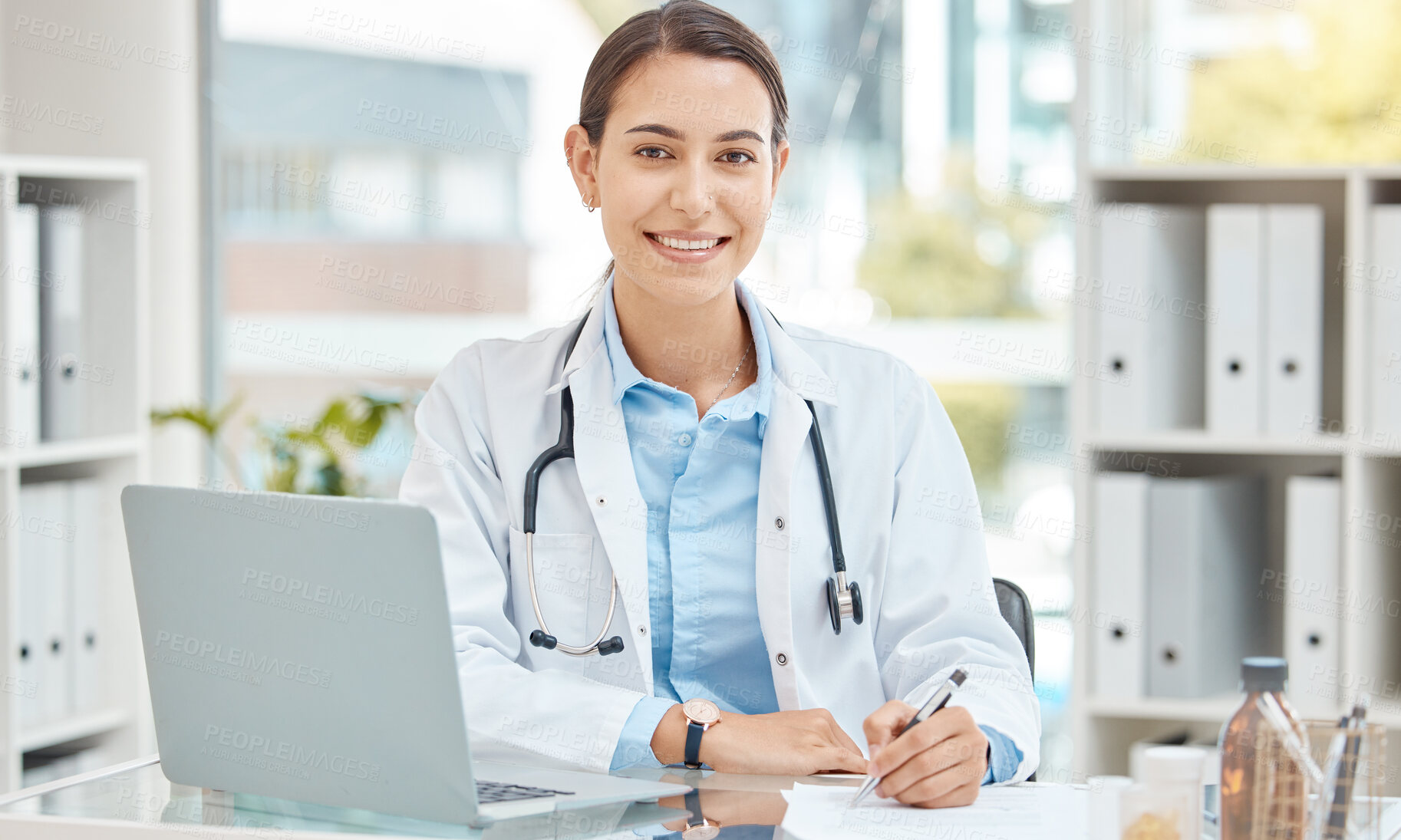 Buy stock photo Doctor insurance, writing hospital report and working on healthcare documents in office, smile for medical checklist and paperwork for medicine at clinic. Signature of 
portrait of nurse on paper