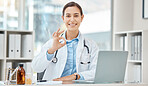 Ok hand sign, women doctor or laptop in hospital for medical, healthcare insurance or surgery approval. Portrait of smile, happy or motivation medicine employee with okay gesture for success research