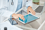 Office, mockup and hands of doctor with tablet browse, search and reading hospital medical information copy space. Healthcare professional woman doing medicine research work for telehealth consulting