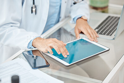 Buy stock photo Office, mockup and hands of doctor with tablet browse, search and reading hospital medical information copy space. Healthcare professional woman doing medicine research work for telehealth consulting