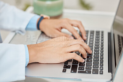 Buy stock photo Computer working, planning and work web research of a business man writing a job email or IT coding. Laptop pc typing, internet and digital strategy tech code writing of a business man worker hands 
