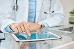 Hands or finger of doctor with tablet in office mockup search, research and health consulting online in hospital. Healthcare, medical and digital worker with technology and medicine telemarketing.