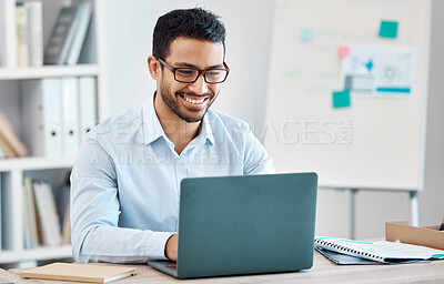 Buy stock photo Business man typing on laptop, research or working on marketing, accounting or data. Corporate person, on computer or reading, writing email or planning a finance project in the office with a smile

