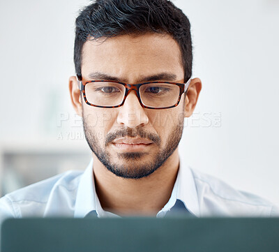 Buy stock photo Asian man, laptop or thinking web developer with glasses planning cyber security software, website seo or database code. Zoom on face, office programmer or ux designer with innovation iot coding idea
