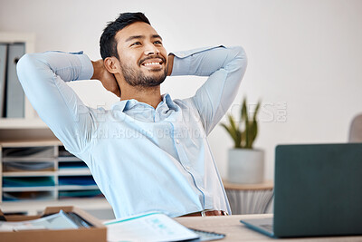 Buy stock photo Businessman relaxing at a desk in the office at his corporate job after finishing a project. Happy, calm and stress free man employee sitting and resting at his table after a successful work day.