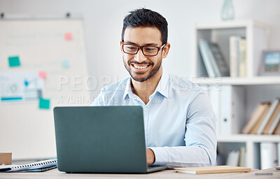 Buy stock photo Laptop, design and marketing with a creative business man and nerd working on a computer in his office. Email, internet and creativity with a male employee at work in his modern advertising agency