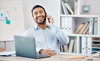 Buy stock photo Happy businessman on a phone call while working on a laptop at the desk in his modern office. Corporate, professional and company manager laughing while having a mobile conversation with technology.