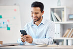Mobile phone, business man and cellphone contact, communication and smartphone texting in office. Happy entrepreneur typing, reading apps and internet connecting with online technology notification