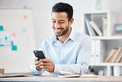 Buy stock photo Mobile phone, business man and cellphone contact, communication and smartphone texting in office. Happy entrepreneur typing, reading apps and internet connecting with online technology notification