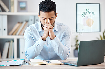 Buy stock photo Business man headache, workplace stress and sick anxiety, pain and migraine with mental health problem from burnout, crisis and depression. Frustrated person, sad job failure and tired worker mistake