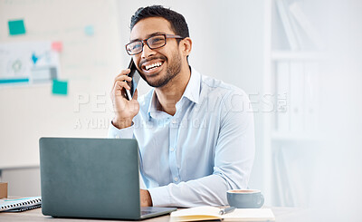 Buy stock photo Happy businessman on business phone call with Mexico cellphone and laptop SEO management leader or person. Manager or corporate employee in communication, talking and planning with mobile smartphone