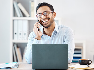 Buy stock photo Happy business manager on business phone call with tech and laptop SEO management leader or person. CEO, leadership or Mexico corporate employee in communication and planning with mobile smartphone