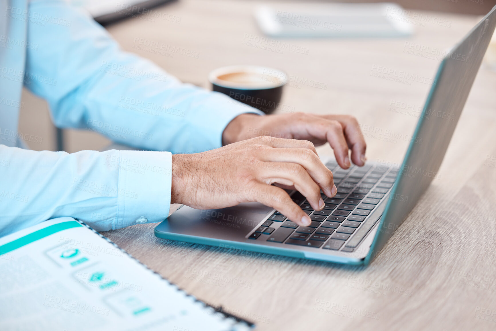 Buy stock photo Computer typing, man working and work web research of a tech business man at a office. IT internet worker with digital big data analytics planning information technology design strategy on a laptop
