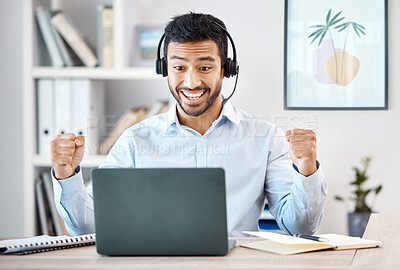 Buy stock photo Call center, asian man and success deal with laptop in customer service, contact us support or crm consulting office. Wow, winner and happy telemarketing sales consultant with smile cheering b2b work