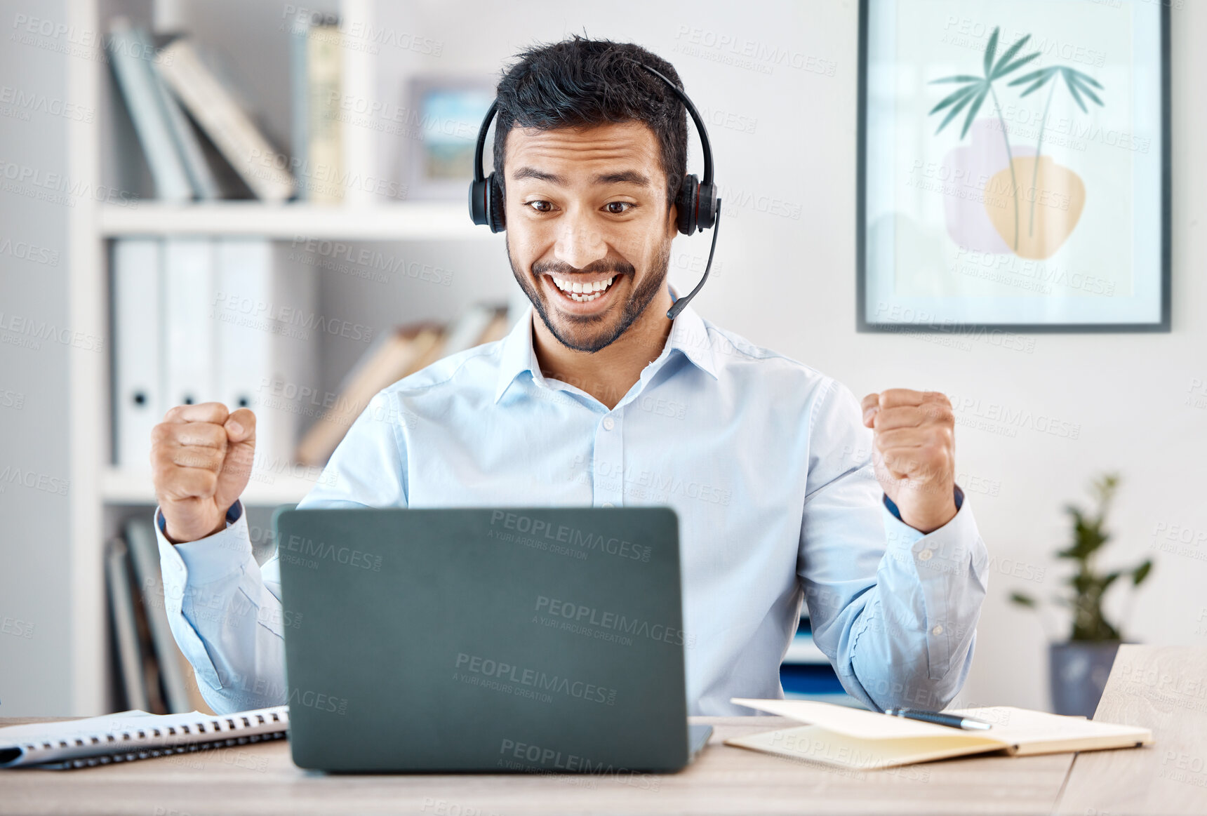 Buy stock photo Call center, asian man and success deal with laptop in customer service, contact us support or crm consulting office. Wow, winner and happy telemarketing sales consultant with smile cheering b2b work