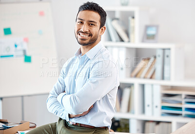 Buy stock photo Portrait of Asian businessman working in office, smile for corporate success and management at startup company at work. Global leadership, happy employee and professional worker with arms crossed