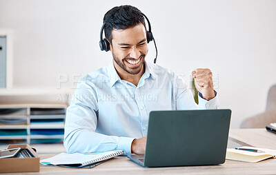 Buy stock photo Asian, call center man and success deal with laptop customer service, contact us support or CRM consulting worker. Celebration, consultant or communication with wow, winner and happy telemarketing.