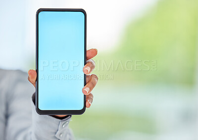 Buy stock photo Mockup phone, blank space and blue mobile screen in a hand of a business woman for advertising or marketing. 5g network and wireless technology for a brand logo, internet app or contact us website