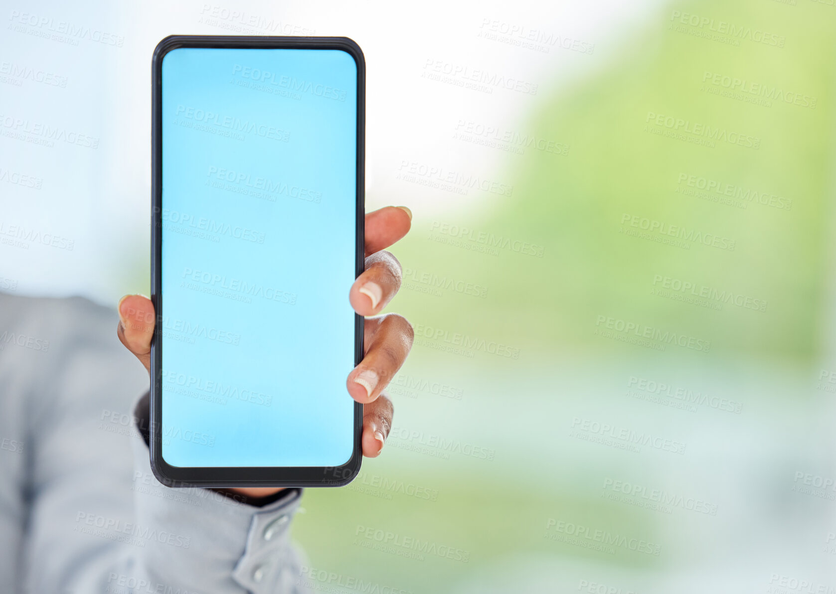 Buy stock photo Mockup phone, blank space and blue mobile screen in a hand of a business woman for advertising or marketing. 5g network and wireless technology for a brand logo, internet app or contact us website