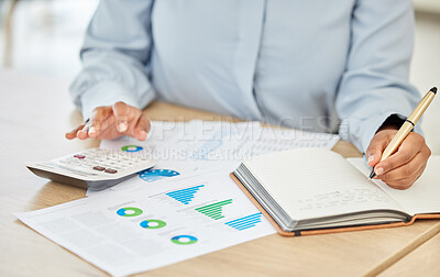 Buy stock photo Finance hands, black woman and writing on notebook with kpi paper data, company growth chart and infographic business review. Financial accounting, future marketing budget and office investment stock