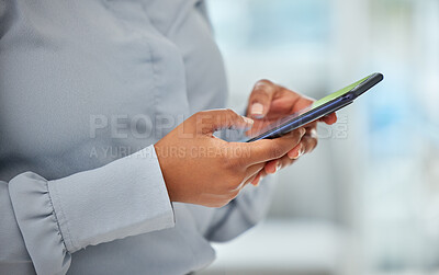 Buy stock photo Phone, hands and communication with a business woman networking with wifi technology in her office at work. Closeup of a female employee reading, typing or sending a text message on her mobile