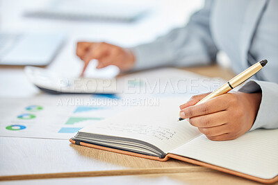 Buy stock photo Finance, writing and notebook with employee with accounting, planning and documents of chart analytics. Accounting, budget and investment with business woman working with calculator, audit and growth