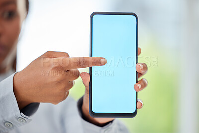 Buy stock photo Hand of business woman with mockup phone for contact us advertising of 5g network company with blue screen copy space. Corporate black woman working in marketing field pointing at blank smartphone