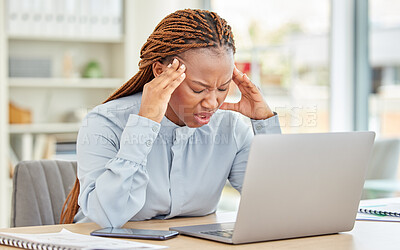 Buy stock photo Stress, headache and black woman with laptop in office with confused, burnout or anxiety face after mistake on project. Creative startup business worker frustrated with technology 404 glitch on email