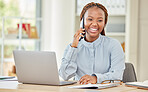 Black woman on laptop, business phone call and communication at office, work or workplace. Happy corporate female on smartphone, mobile or cellphone, conversation or talking while on computer.
