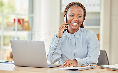 Buy stock photo Black woman on laptop, business phone call and communication at office, work or workplace. Happy corporate female on smartphone, mobile or cellphone, conversation or talking while on computer.
