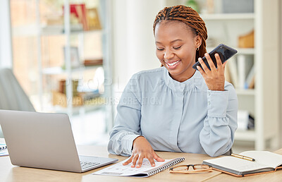 Buy stock photo Professional business woman with phone call reading notebook on her laptop computer in modern office. Woman corporate employee sitting at desk talking on smartphone at table in a startup company