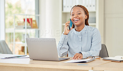 Buy stock photo Computer working, phone communication and black woman worker multitask in a office. Happy corporate business employee with a smile using technology at work on a online mobile call at a company