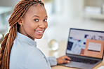 Black woman, designer and manager on laptop planning and working with business email, SEO research and contact us website. Portrait of african employee working online on website or logo design