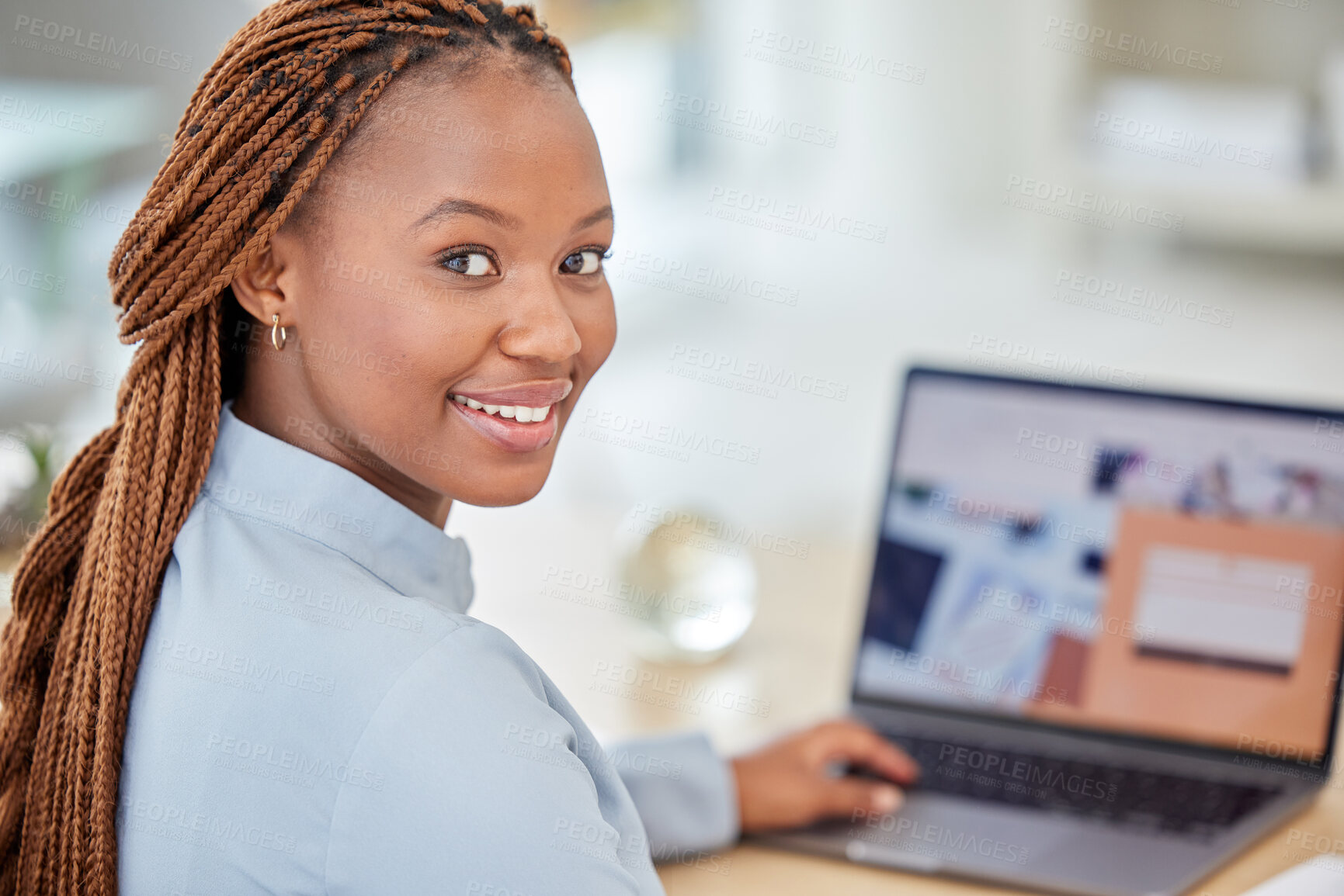 Buy stock photo Black woman, designer and manager on laptop planning and working with business email, SEO research and contact us website. Portrait of african employee working online on website or logo design