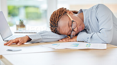Buy stock photo Sleeping, tired or burnout black woman in finance office with desk laptop or infographic documents. Exhausted, overworked or depression for accounting compliance employee in financial audit business