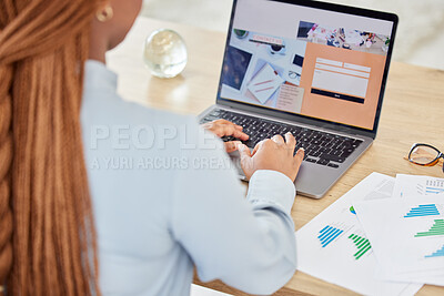 Buy stock photo Black woman, laptop and contact us web design for digital marketing worker with kpi data, target audience research and chart documents. Employee on business startup website with seo from survey paper