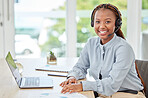 African call center worker in telemarketing, communication with people online on laptop and consultant working in crm at startup agency. Portrait of customer service employee consulting on internet
