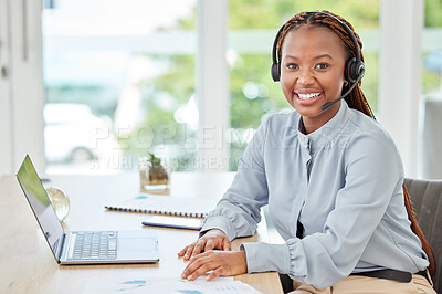 Buy stock photo African call center worker in telemarketing, communication with people online on laptop and consultant working in crm at startup agency. Portrait of customer service employee consulting on internet