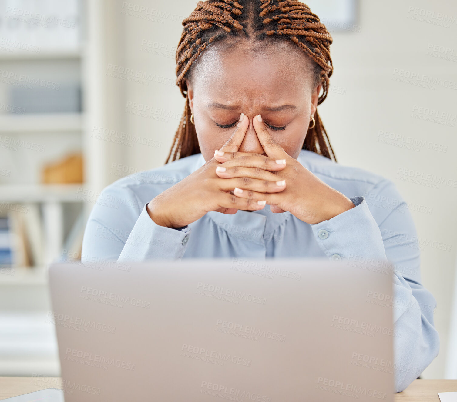 Buy stock photo Stress, anxiety and headache by business woman working on laptop in a corporate office, suffering from pain and discomfort. Worried entrepreneur looking ill, feeling stressed and burnout at workplace