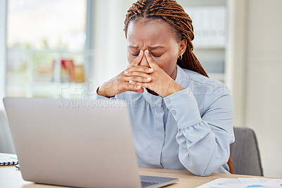 Buy stock photo Black woman, headache and working at desk with pain and tension in head with glitch mistake on pc. Corporate girl with stress, fatigue and frustrated feelings after receiving bad news. 