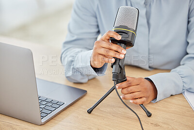 Buy stock photo Microphone, laptop or hands of black woman on podcast, blogger or podcaster recording. Talking on mic for talk show, radio host or audio equipment for live broadcast, influencer speaking or dialogue
