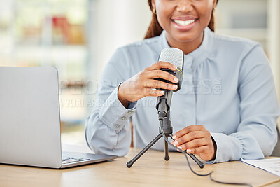 Buy stock photo Podcast, web interview or digital radio woman presenter ready to start working. Internet voice talent, speaker or influencer with microphone talk online about business or online live streaming
