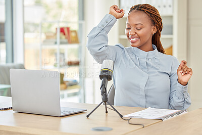 Buy stock photo Podcaster, presenter or blogger dancing and having fun to music while recording a podcast talking over a microphone for her talk show. Funny radio host using audio equipment doing a live broadcast
