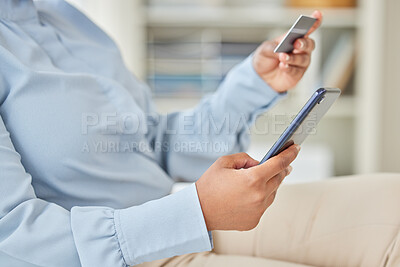 Buy stock photo Business woman online shopping with a credit card and phone while on a break in corporate office. Closeup of a girl paying her mortgage, debt or financial bills with internet banking on a smartphone.