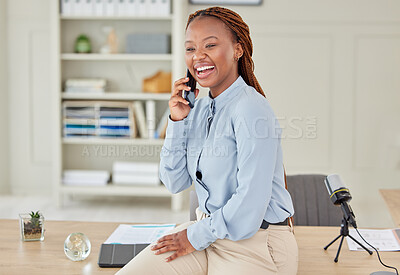 Buy stock photo Business phone call, funny communication and black woman in conversation on smartphone in office, networking with people on tech and talking about startup. Creative entrepreneur smile on mobile